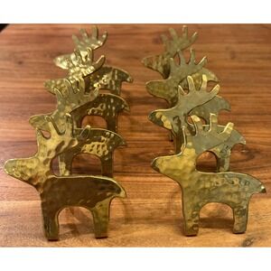 Lot of 8 Hammered Brass Reindeer Moose Napkin Rings EUC Heavy Holiday Christmas